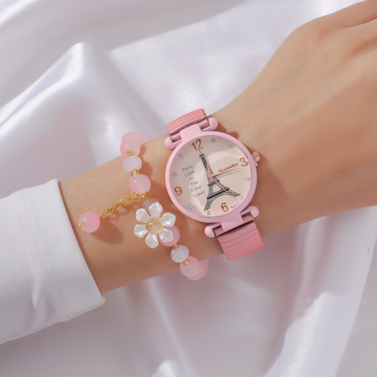 MD-S01311 Pink Eiffel Tower digital surface quartz watch girl bracelet set stude 